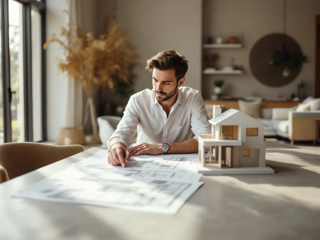 Interieurontwerper in wit overhemd bestudeert blauwdrukken aan betonnen tafel met schaalmodel van modern huis