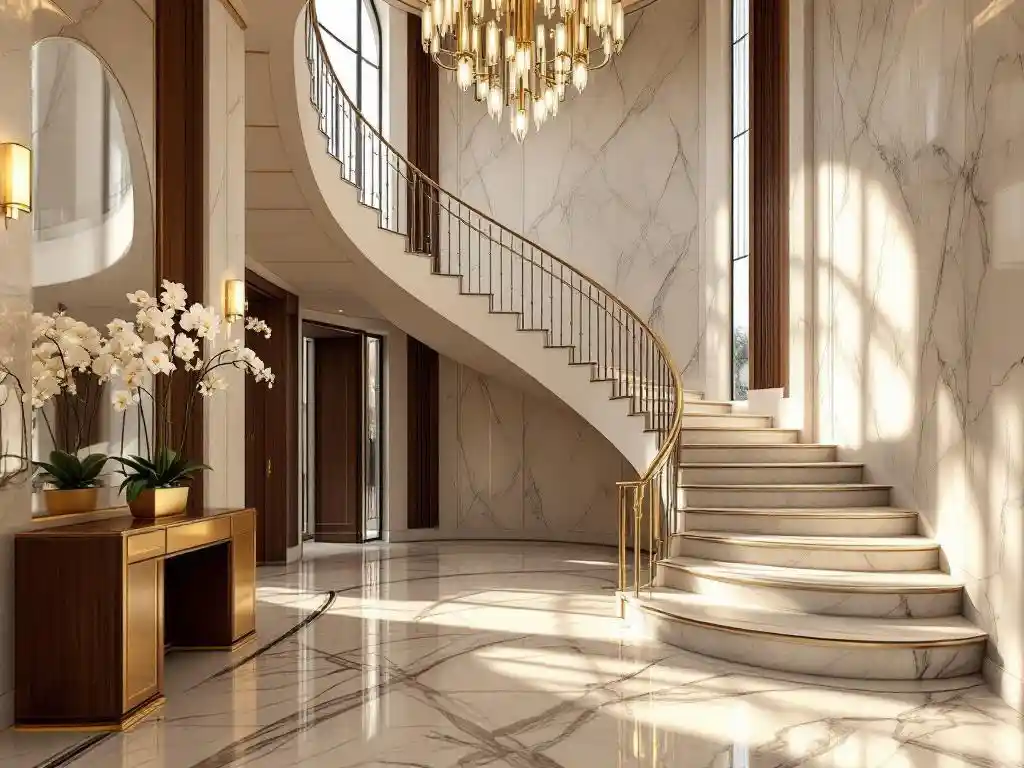 Luxueuze marmeren entreehal met gebogen trap, kristallen kroonluchter en travertijnvloeren in warme gouden tinten