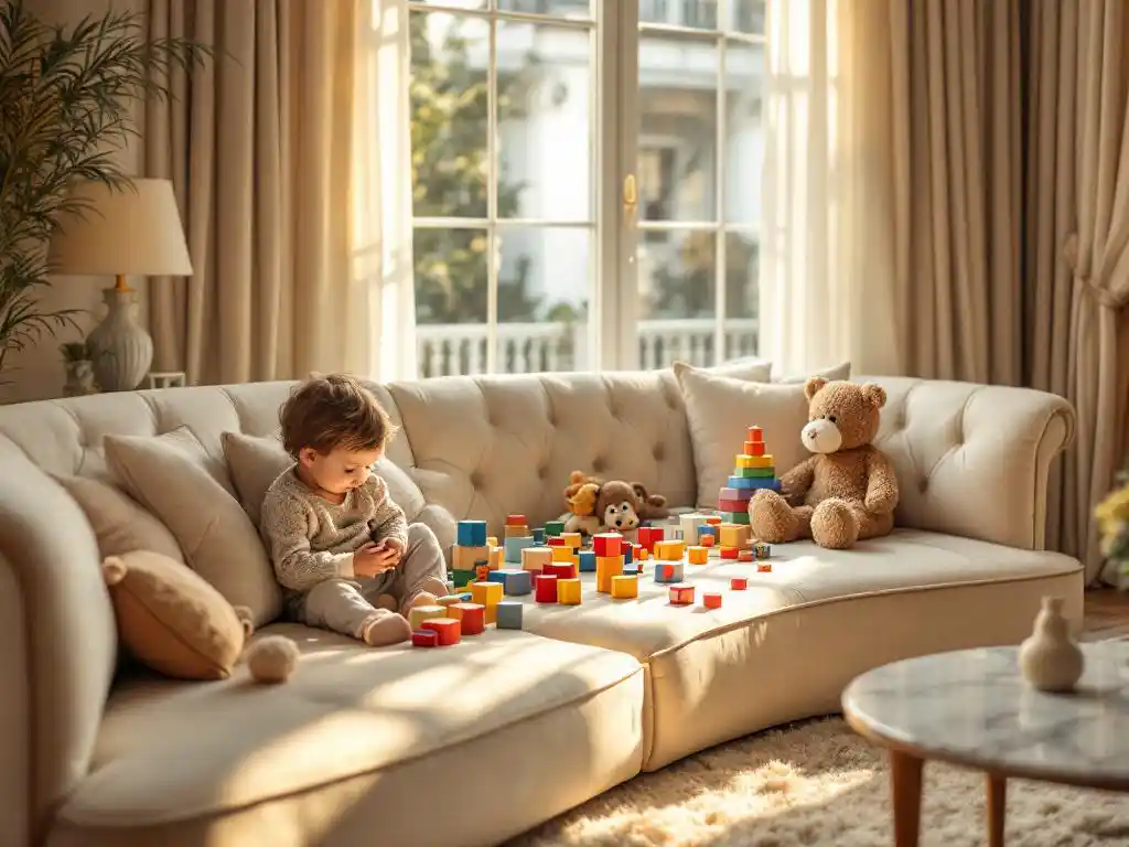 Crèmekleurige fluwelen bank met afgeronde hoeken, bezaaid met kleurrijk kinderspeelgoed in elegante woonkamer met marmeren salontafel