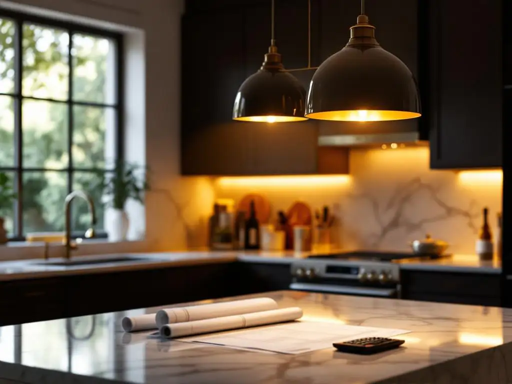 Luxe hanglamp verlicht marmeren aanrecht met blauwdrukken en rekenmachine in moderne keuken met donkergrijze kasten