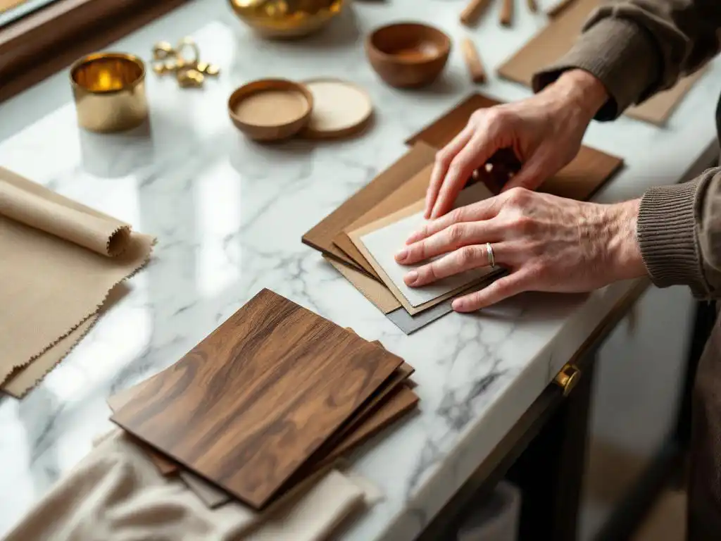 Ambachtsman selecteert walnoothout en zijden stalen op marmeren werkblad met messing beslag in warm natuurlijk licht