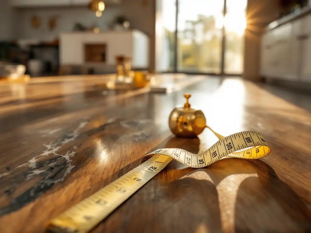 Luxe bouwplaats met meetlint op walnotenhout vloer, marmeren werkblad monsters en messing armaturen in natuurlijk zonlicht