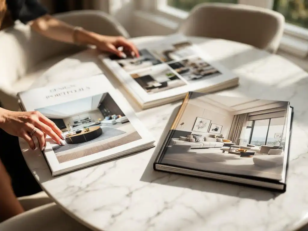 Drie luxe interieur design portfolio's op marmeren tafel met vrouwenhand die een hoek aanraakt in warm daglicht