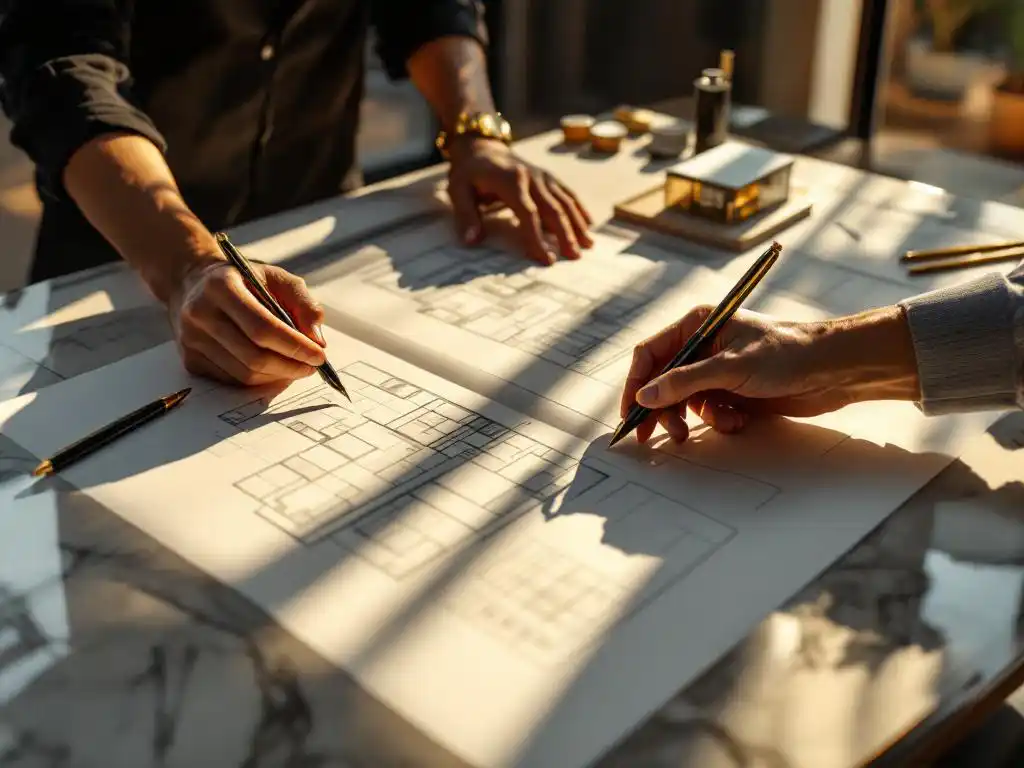 Luxe interieurontwerper bestudeert architectonische plattegronden op marmeren bureau met vulpen en meetgereedschap