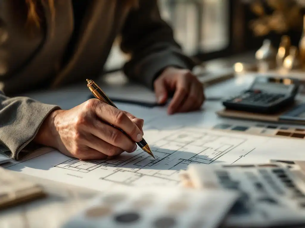 Luxe interieurontwerper tekent gedetailleerde plattegronden met gouden vulpen op architectuurpapier, omringd door stoffenstalen en verfkleurstalen op marmeren bureau