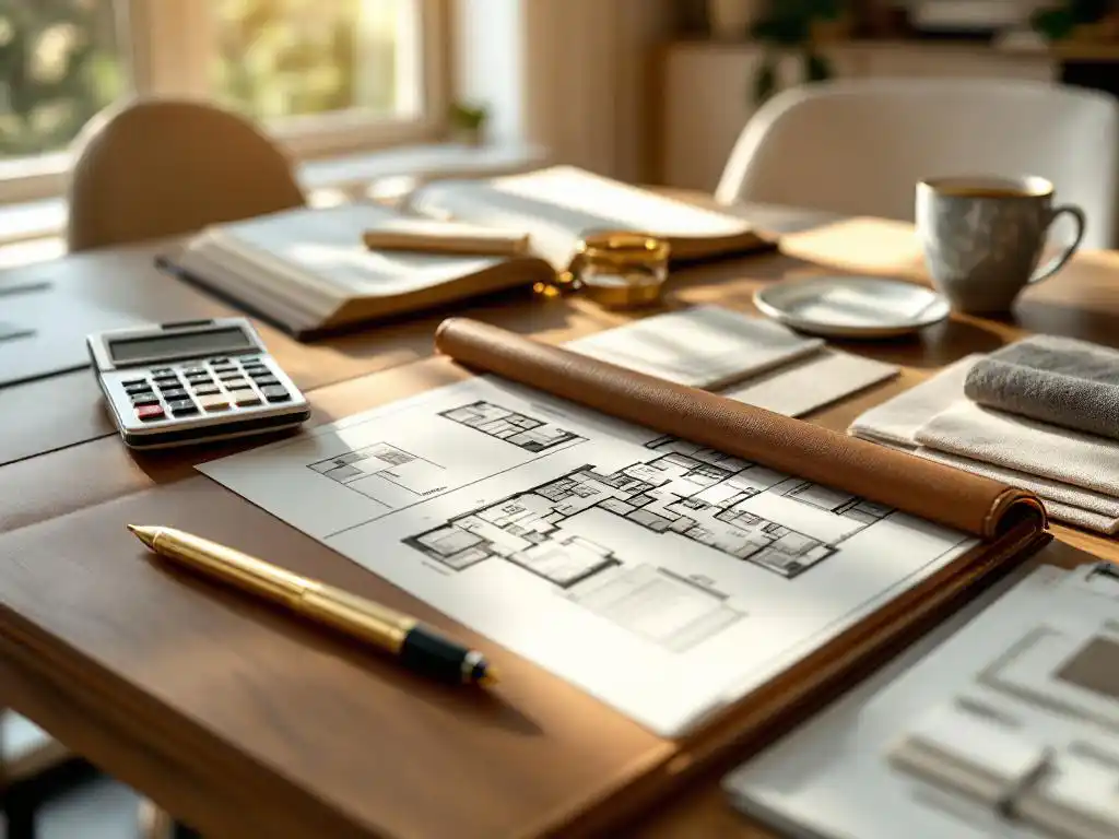 Luxe kantoorbureau met open leren portfolio met vloerplannen en stoffenstalen, calculator en gouden pen, warm natuurlijk licht