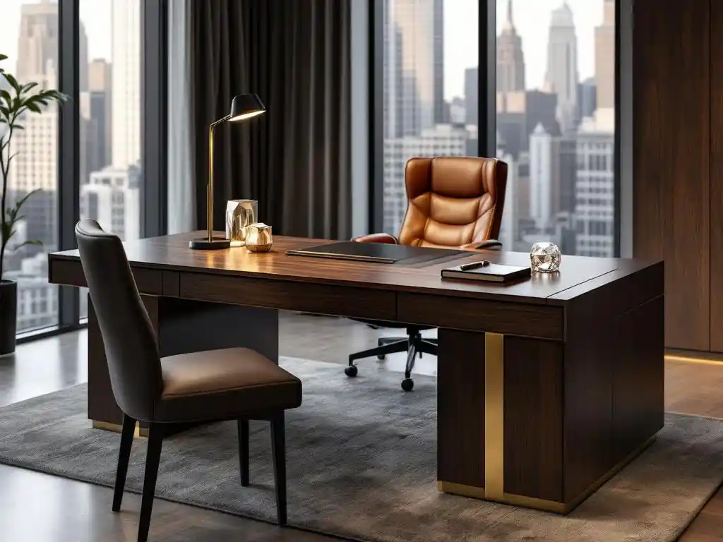 Luxe directiebureau van notenhout met gouden messing accenten, leren stoel en moderne bureaulamp in elegant kantoor met stadsuitzicht
