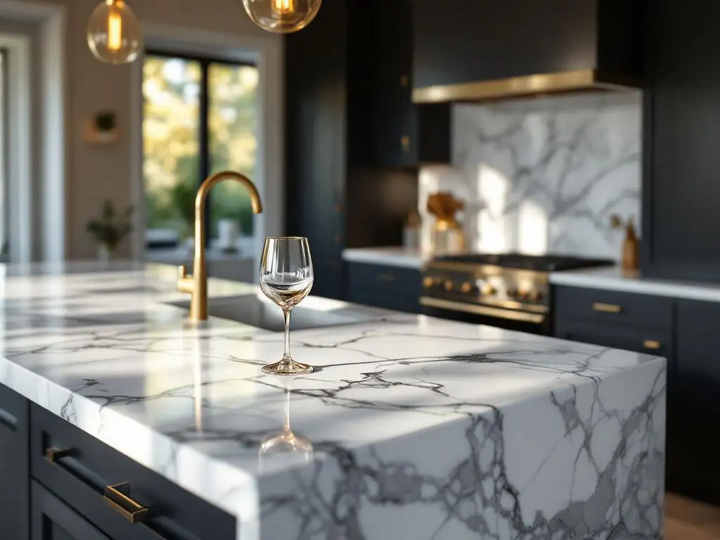 Wit marmeren keukeneiland met zwarte adering en kristallen wijnglas, omringd door matte zwarte kasten met messing beslag