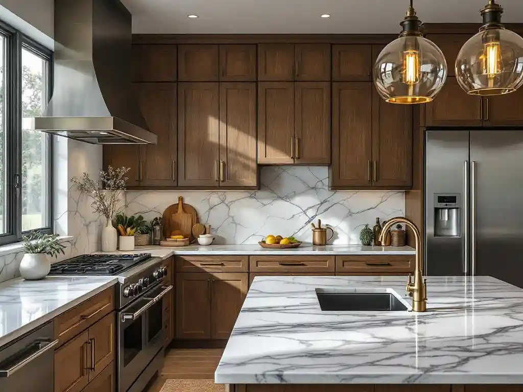 Luxe keuken met marmeren werkbladen, houten kasten en roestvrijstalen apparaten onder warm hanglampverlichting