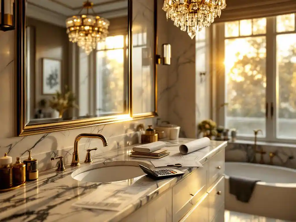 Luxe marmeren badkamer wastafel met messing kranen en kristallen kroonluchter, bouwplannen en rekenmachine op aanrecht