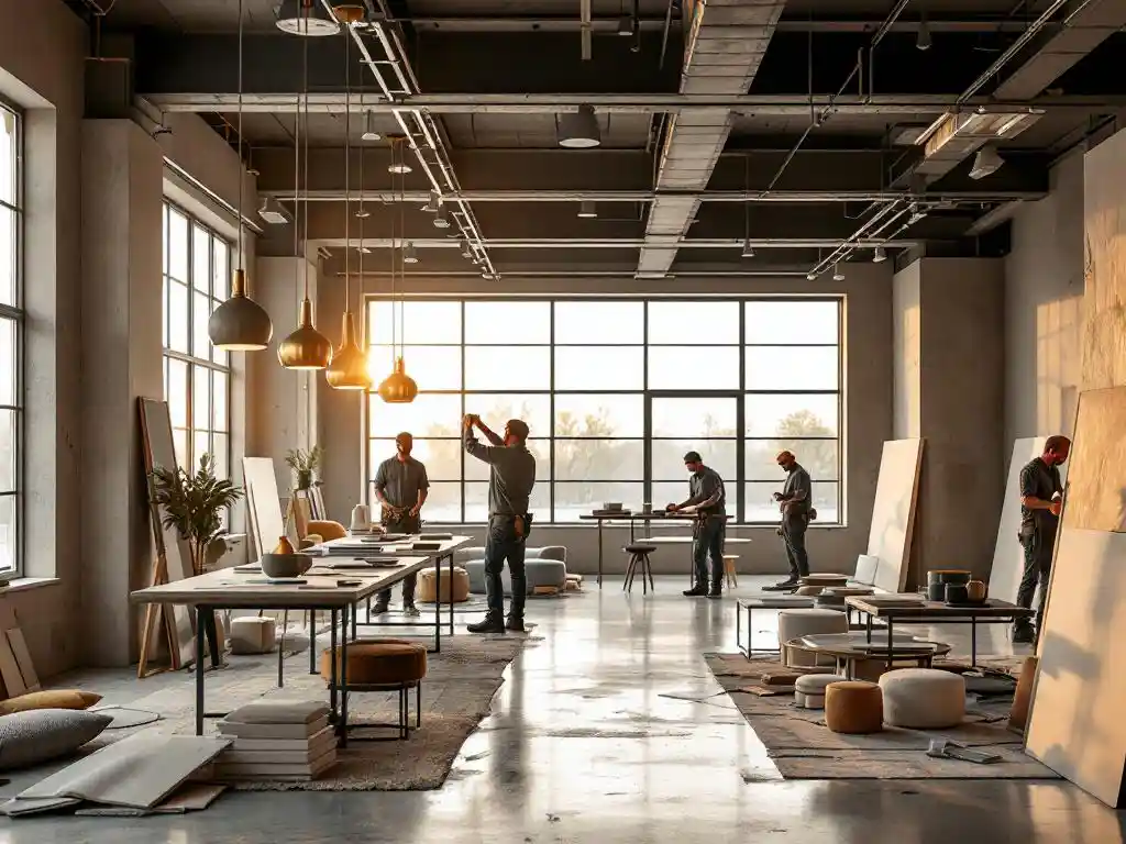 Luxe showroom in aanbouw met zichtbare dakbalken, gepolijste betonvloeren, hangende lampen en meubelstalen op designtafels