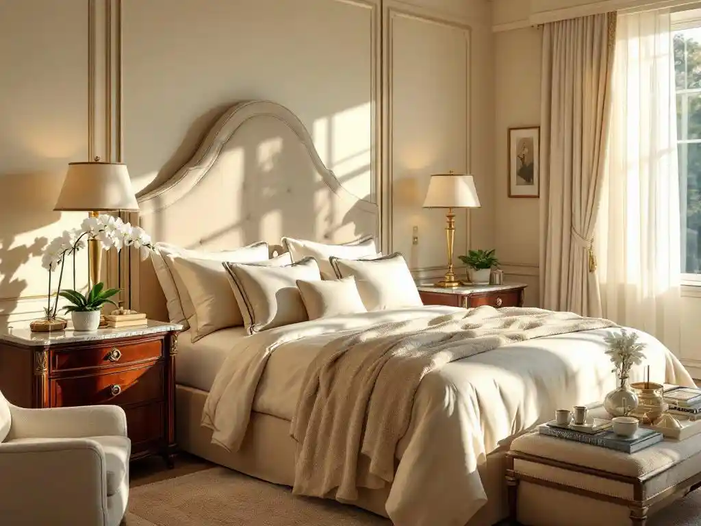 Luxe gastenslaapkamer met kingsize bed in ivoren zijden lakens, messing nachtkastlampen en mahonie meubilair tegen crème muren