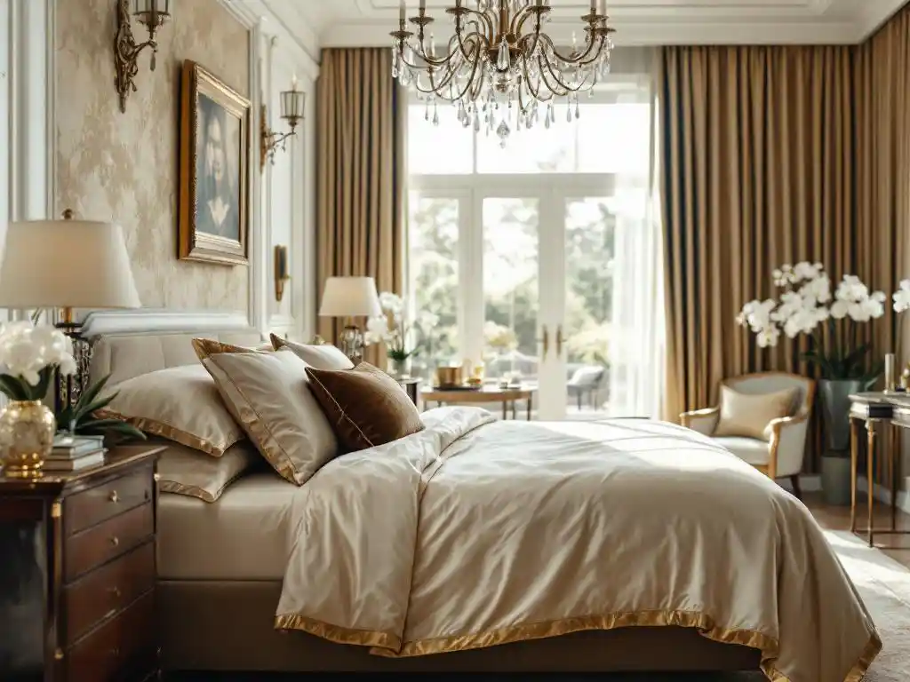 Luxe kingsize bed met champagne zijden lakens en fluwelen kussens onder kristallen kroonluchter in elegante slaapkamer