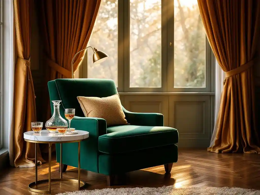 Smaragdgroene fluwelen fauteuil bij raam met gouden zonlicht op mahoniehout, kristallen karaf op marmeren bijzettafel