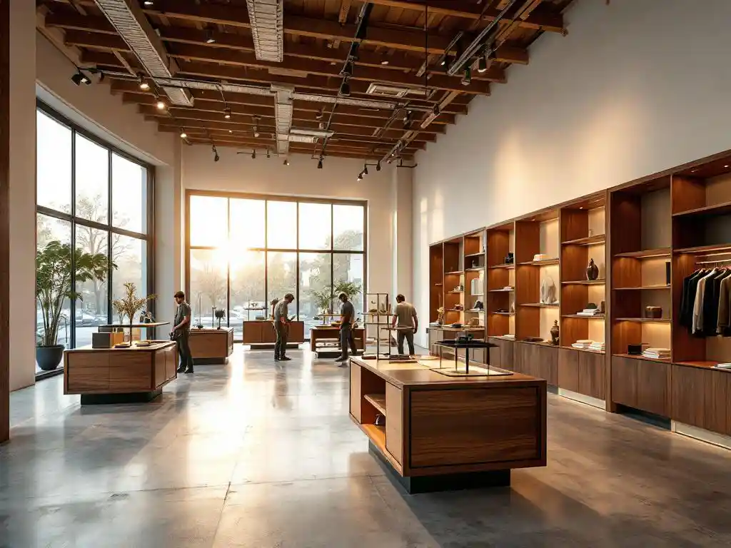Luxe winkelinterieur in aanbouw met ambachtslieden die houten displaymeubels installeren, warme zonsonderganglicht door grote etalageramen