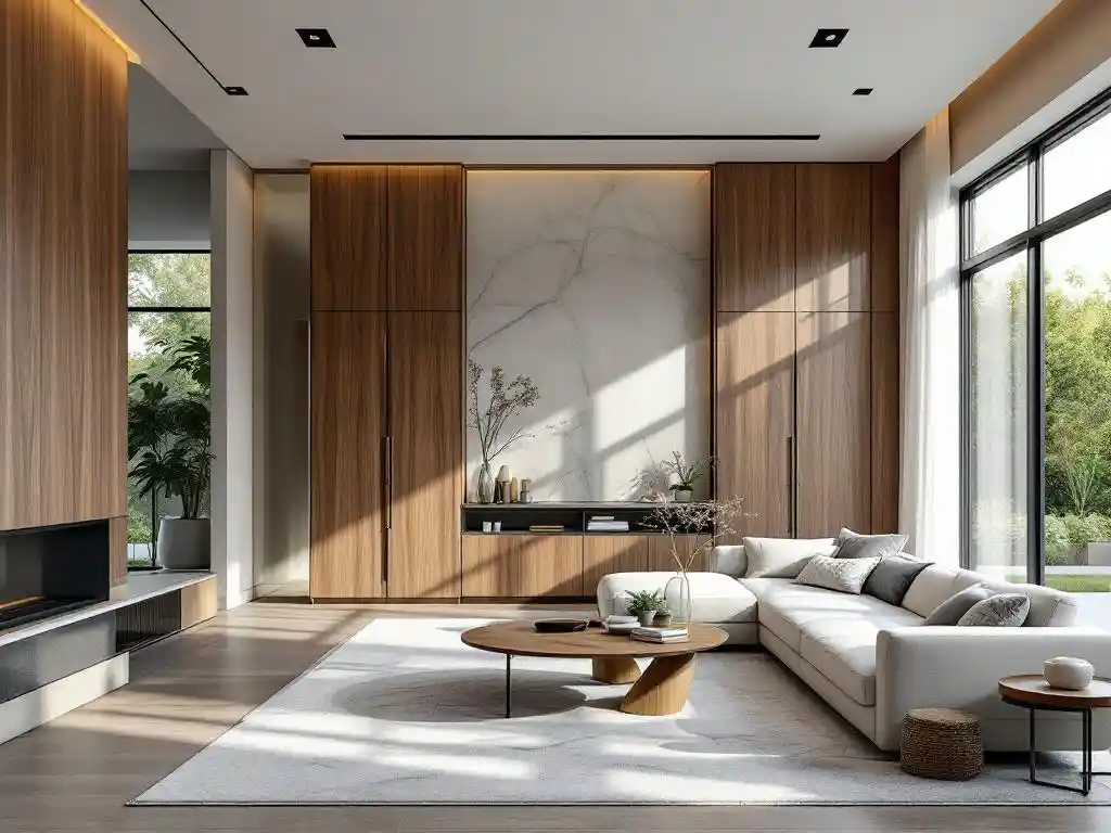 Luxe moderne woonkamer tijdens renovatie met elegante walnoten kasten en maatwerk millwork in uitvoering