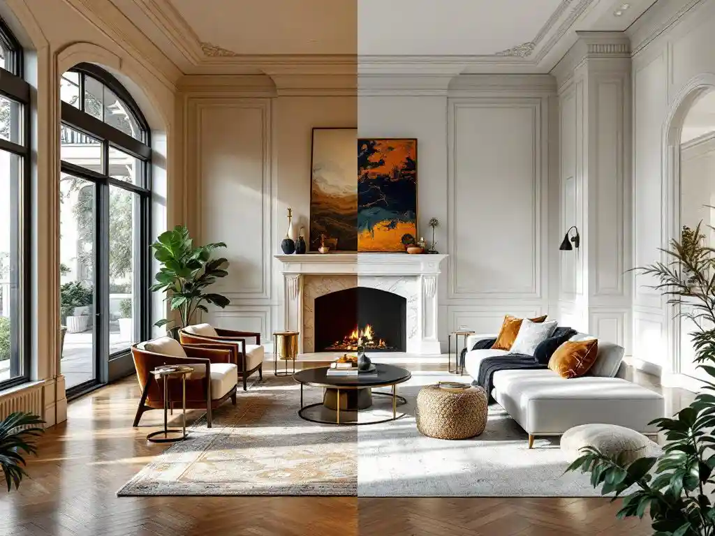 Luxueuze woonkamer toont elegante renovatie versus nieuwbouw met hardhouten vloeren, fluwelen meubels en marmeren afwerking