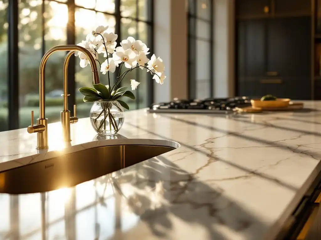 Marmeren aanrechtblad met gouden aders en kristallen vaas met witte orchideeën in luxe keuken met messing armaturen
