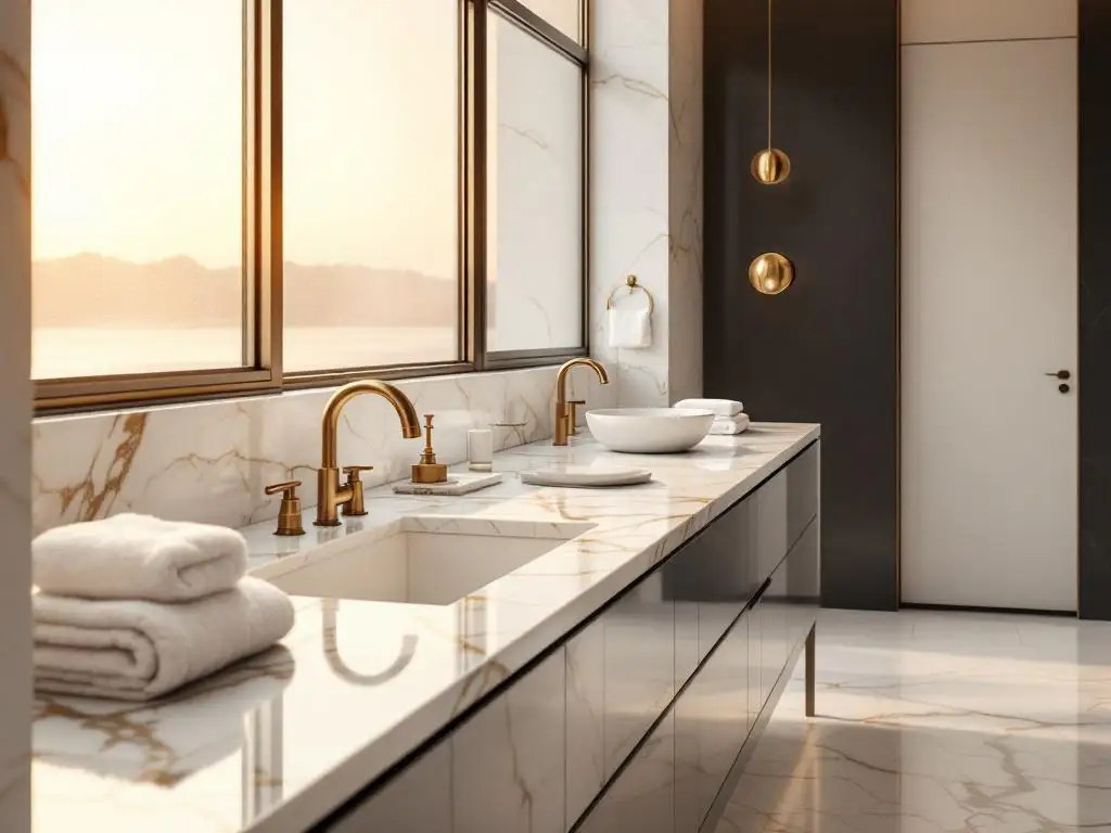 Gouden geaderde Calacatta marmeren wastafel met messing kranen en witte handdoeken tegen donkergrijze muur in luxe badkamer