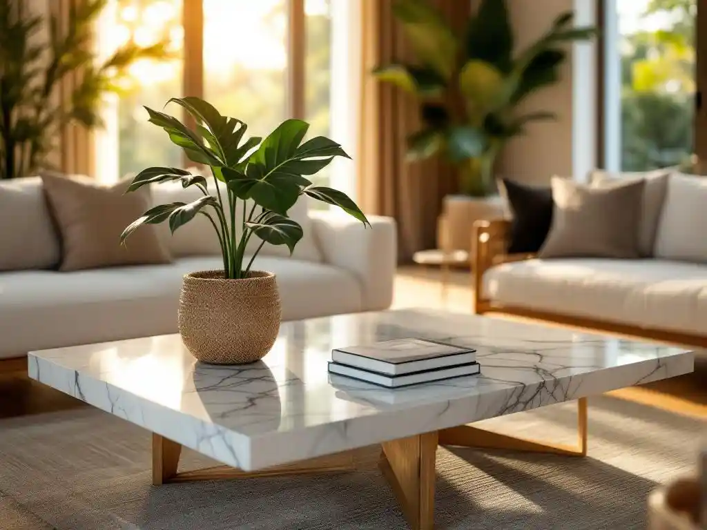 Marmeren salontafel met gerecyclede teakhouten accenten en monstera plant in natuurvezel pot in luxe woonkamer met gouden zonlicht