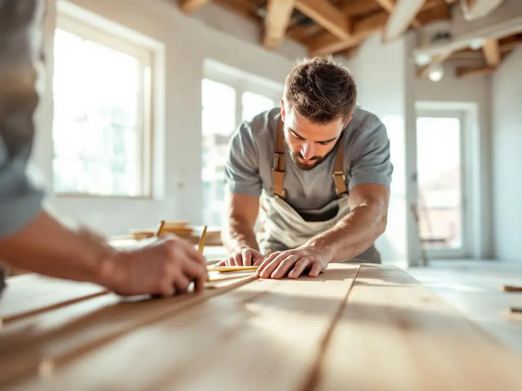Ambachtsman meet witte eiken panelen met messing schuifmaat in elegante medische praktijk onder constructie