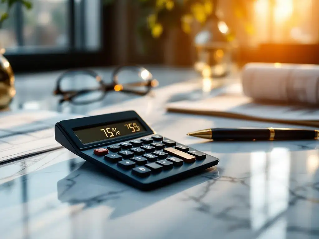 Calculator met percentages op marmeren bureau naast stofstalen en blauwdrukken in gouden namiddaglicht
