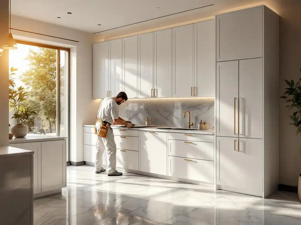 Vakmannen installeren witte gelakte modulaire keukenkasten met messing beslag in elegante woonruimte met marmeren werkbladen