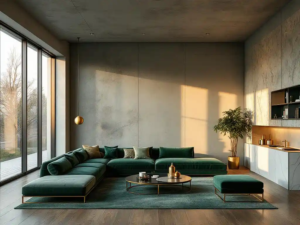 Moderne woonkamer tijdens renovatie met kale betonnen muren naast luxe fluwelen meubels en marmeren accenten
