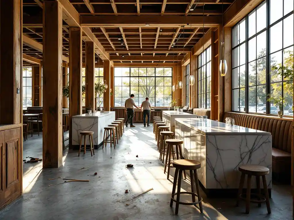Luxe restaurant in aanbouw met houten balken, marmeren werkbladen en gereedschap op betonnen vloeren in gouden licht