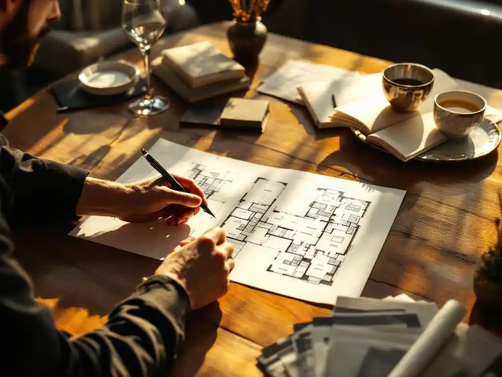 Handen van restaurantinterieurontwerper schetsen plattegronden op crèmepapier met luxe stoffenstalen op walnotentafel