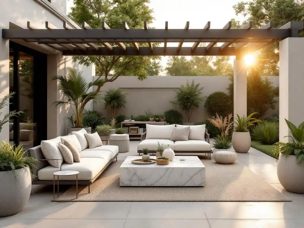 Luxe buitenterras met crème linnen banken rond marmeren salontafel, architecturale beplanting en pergola schaduwen op natuursteen