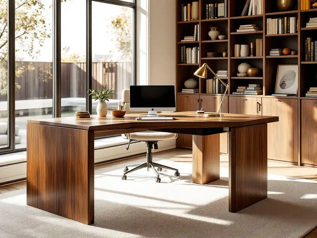 Luxe thuiskantoor met op maat gemaakte walnotenhout bureau, ingebouwde boekenkasten en ergonomische stoel in warm natuurlijk licht
