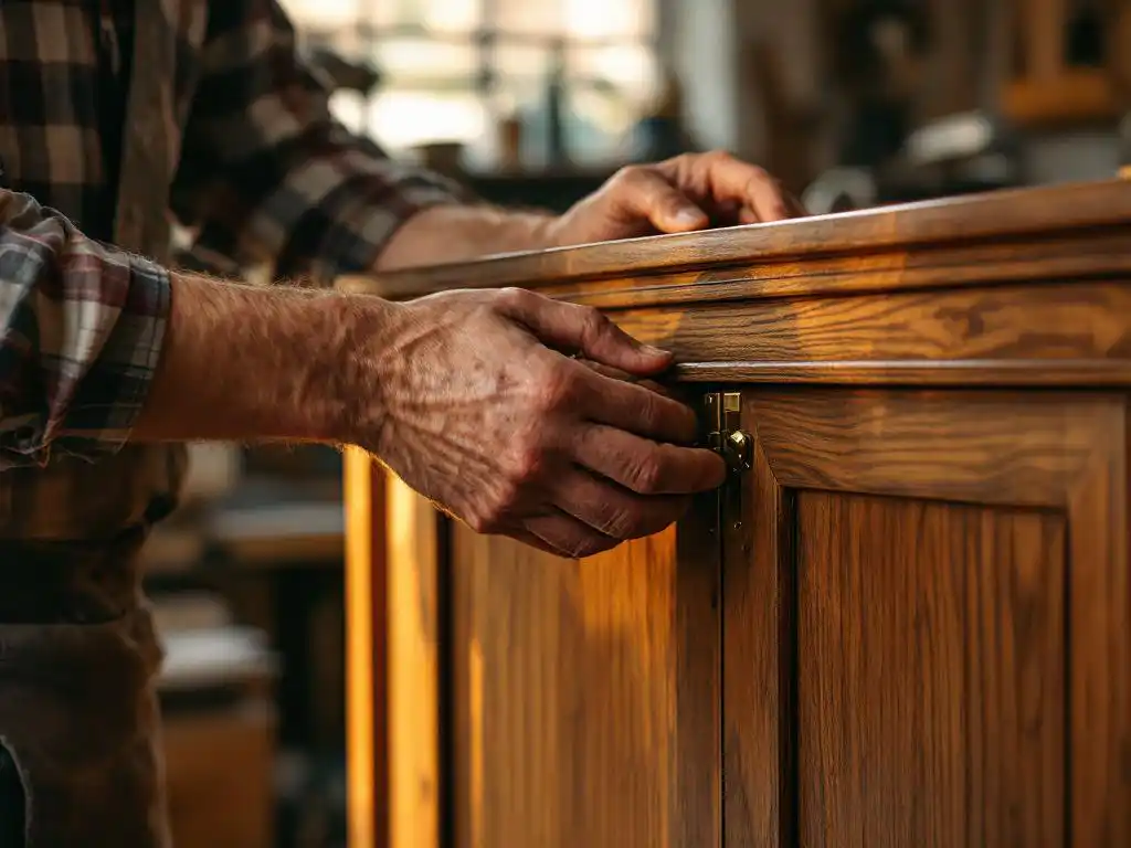 Ambachtsman past deur van handgemaakte walnotenkast aan met precisiescharnieren in warme werkplaats