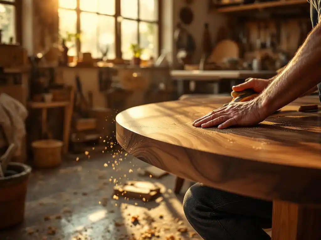 Ambachtsman schuurde de gebogen rand van een notenhout eettafel in een zonlichte werkplaats met gereedschap op leer