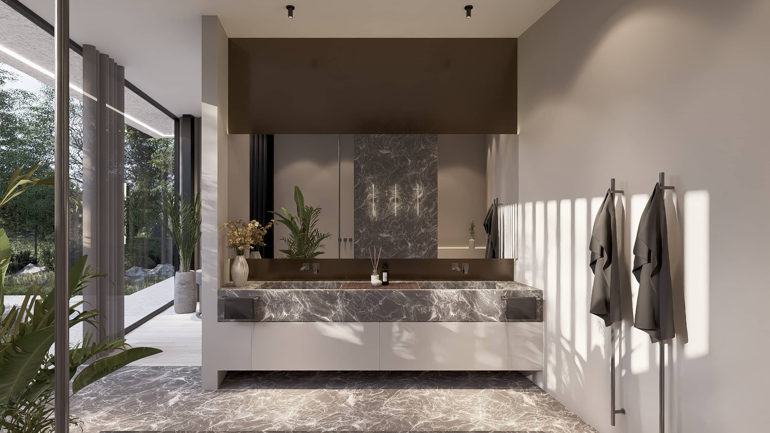 Exclusieve badkamer met natuurstenen wastafel, maatwerk meubel en hoogwaardige afwerking.