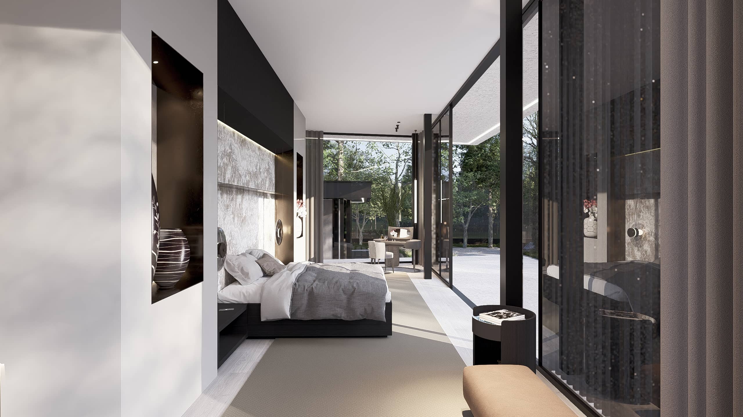 High end slaapkamer met maatwerk details, vloerhoge ramen en sterke relatie tussen binnen en buiten.
