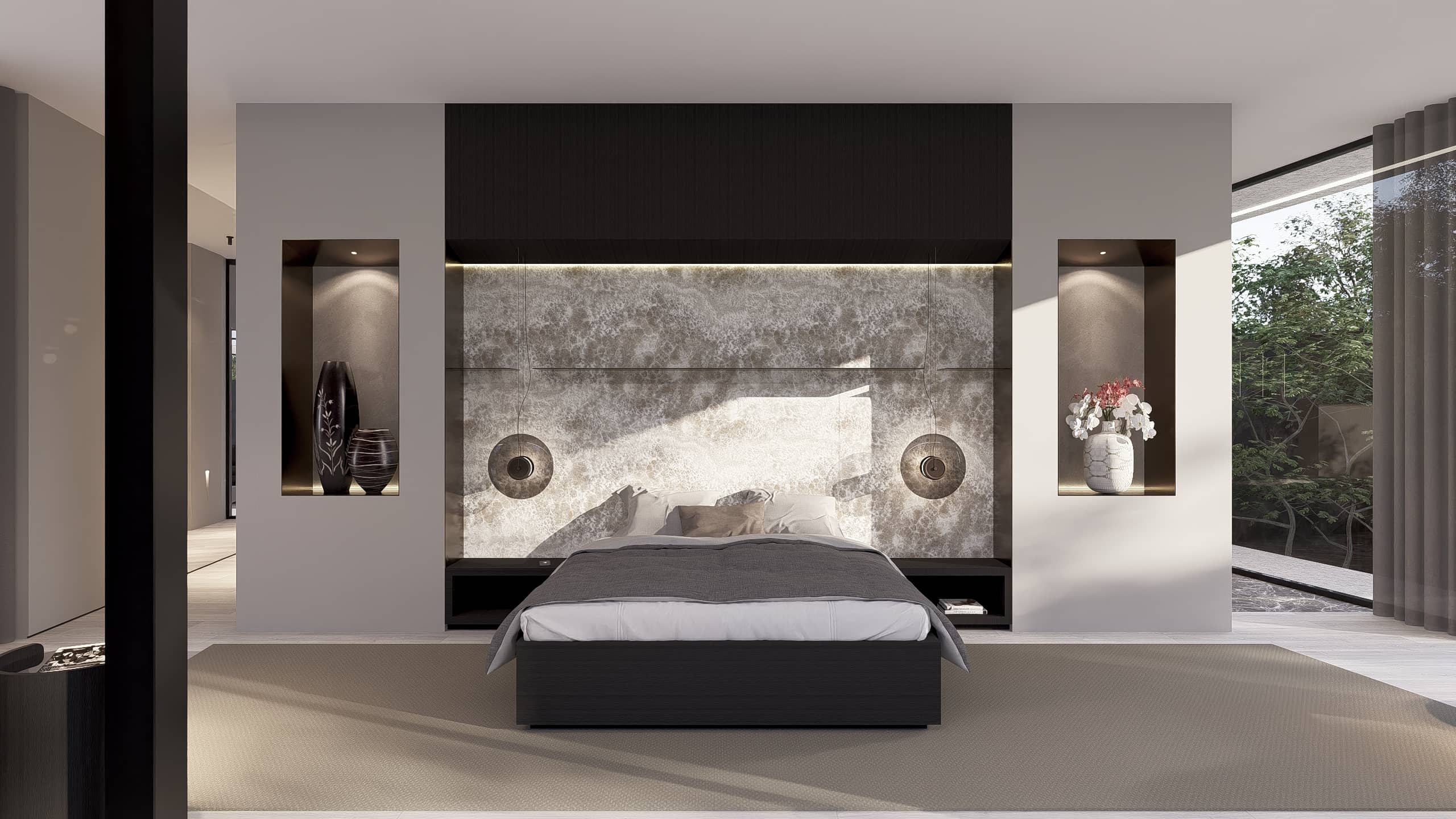 Exclusieve slaapkamer met natuurstenen hoofdbord, geïntegreerde verlichting en maatwerk interieurontwerp.