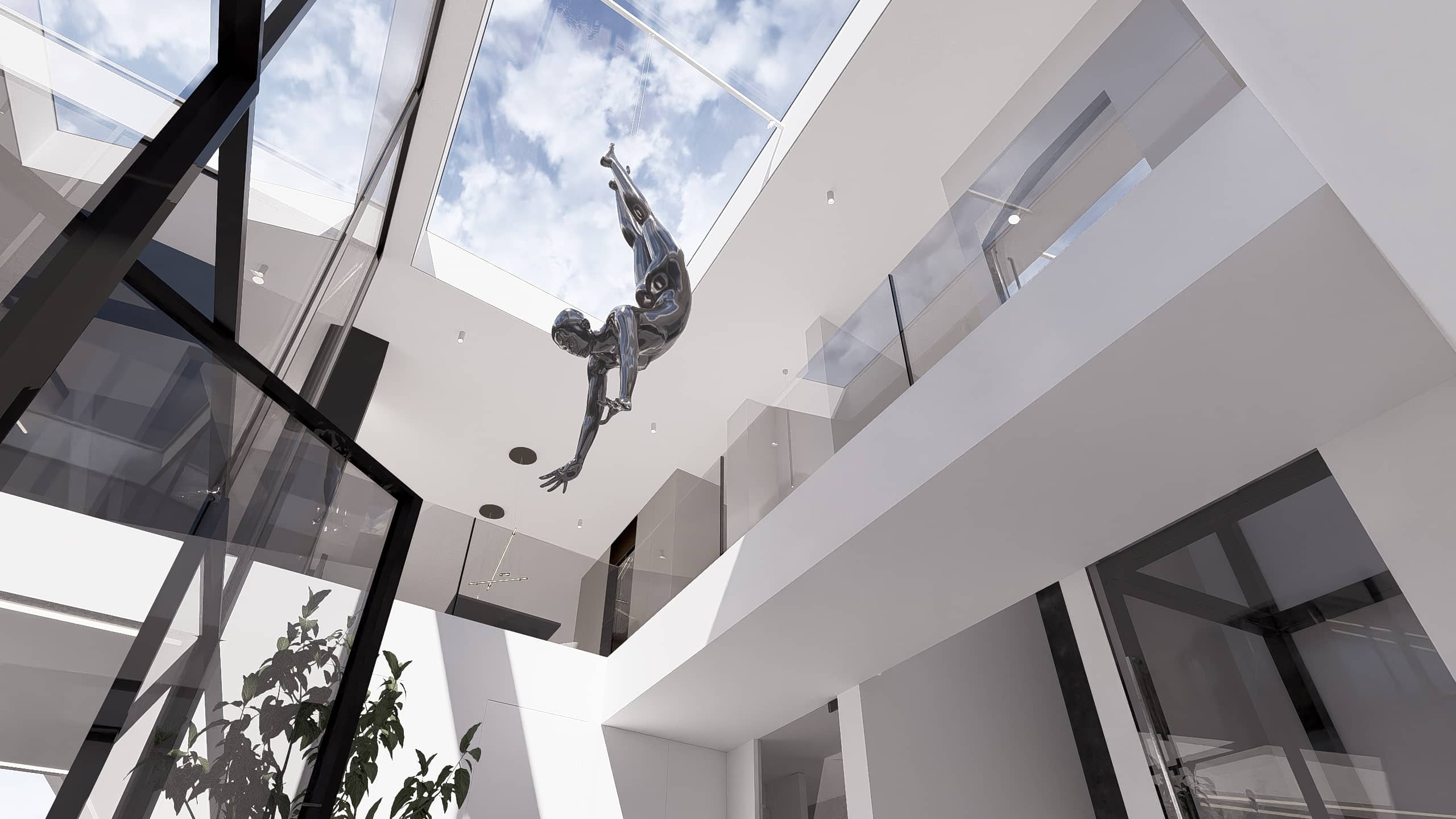 Een indrukwekkend, modern atrium in een luxe villa ontworpen door State of Interior, voorzien van een glazen dak, een zwevend chroom kunstwerk en glazen balustrades.