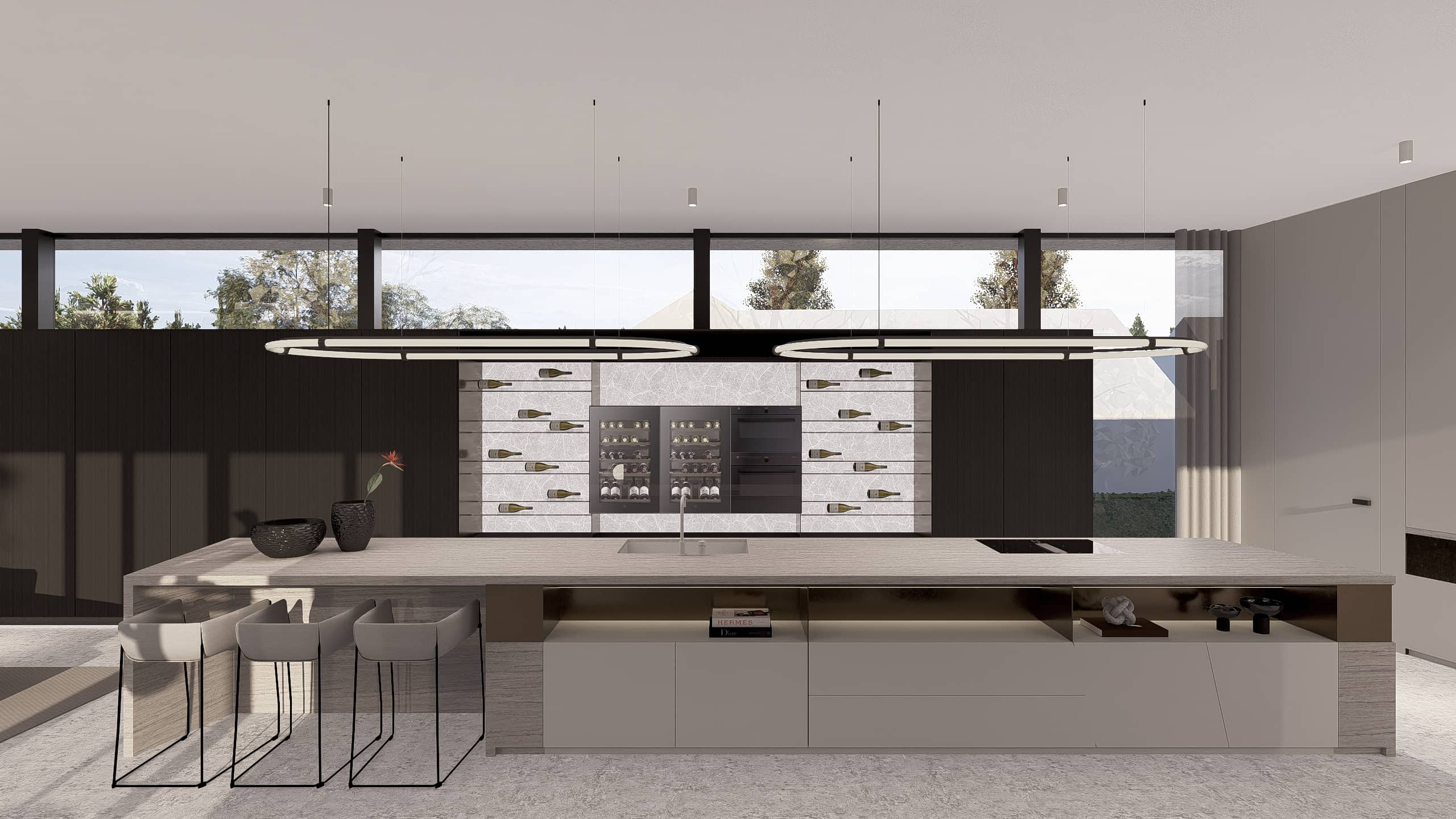 Frontaal aanzicht van een minimalistisch kookeiland met barstoelen en zwevende ovale designverlichting, met daarachter een exclusieve ingebouwde wijnwand, ontworpen door State of Interior.