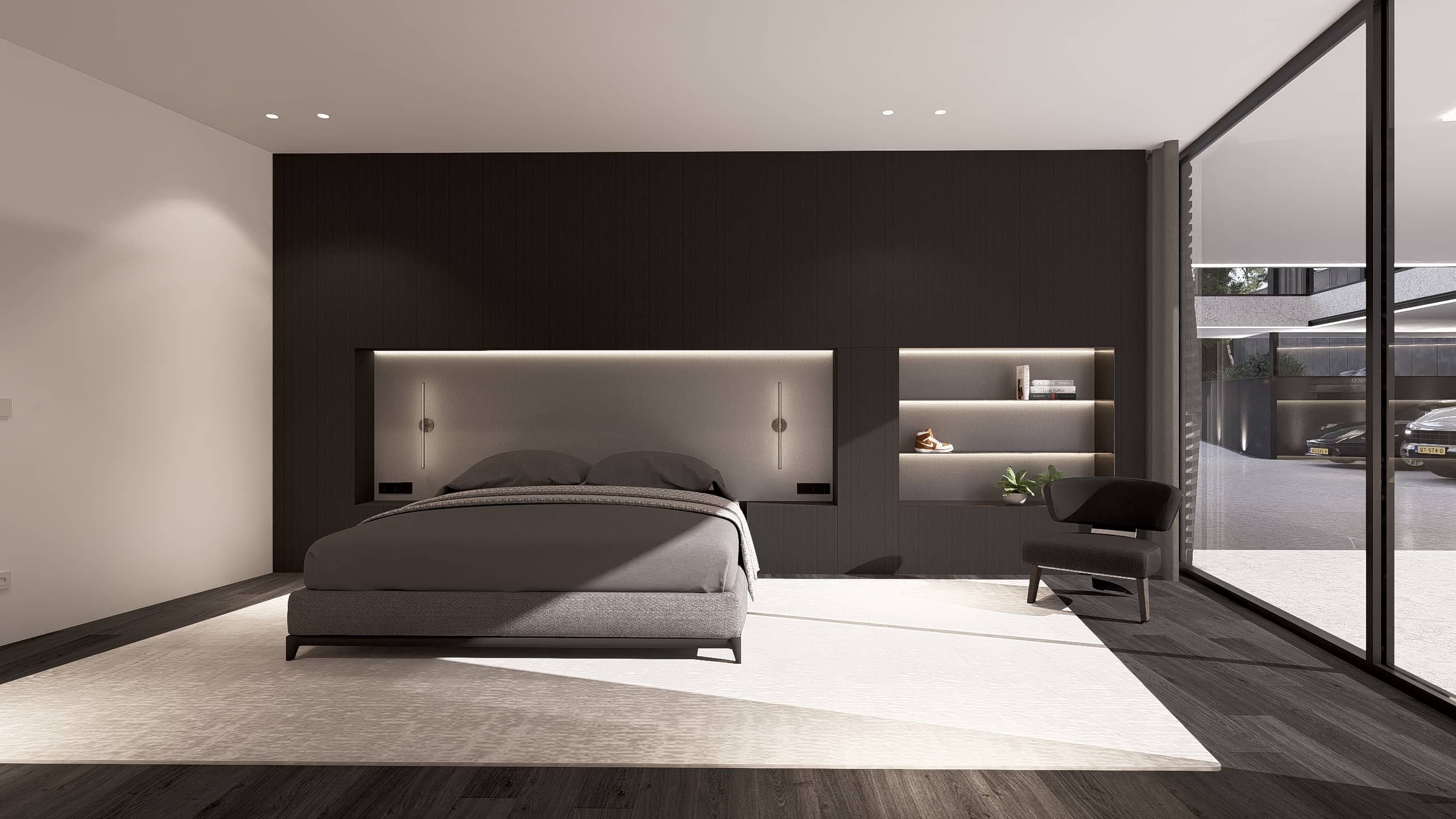 Luxe minimalistische slaapkamer ontworpen door State of Interior, voorzien van een donkere houten maatwerk achterwand met ingebouwde verlichting, nissen en een groot kamerhoog raam.