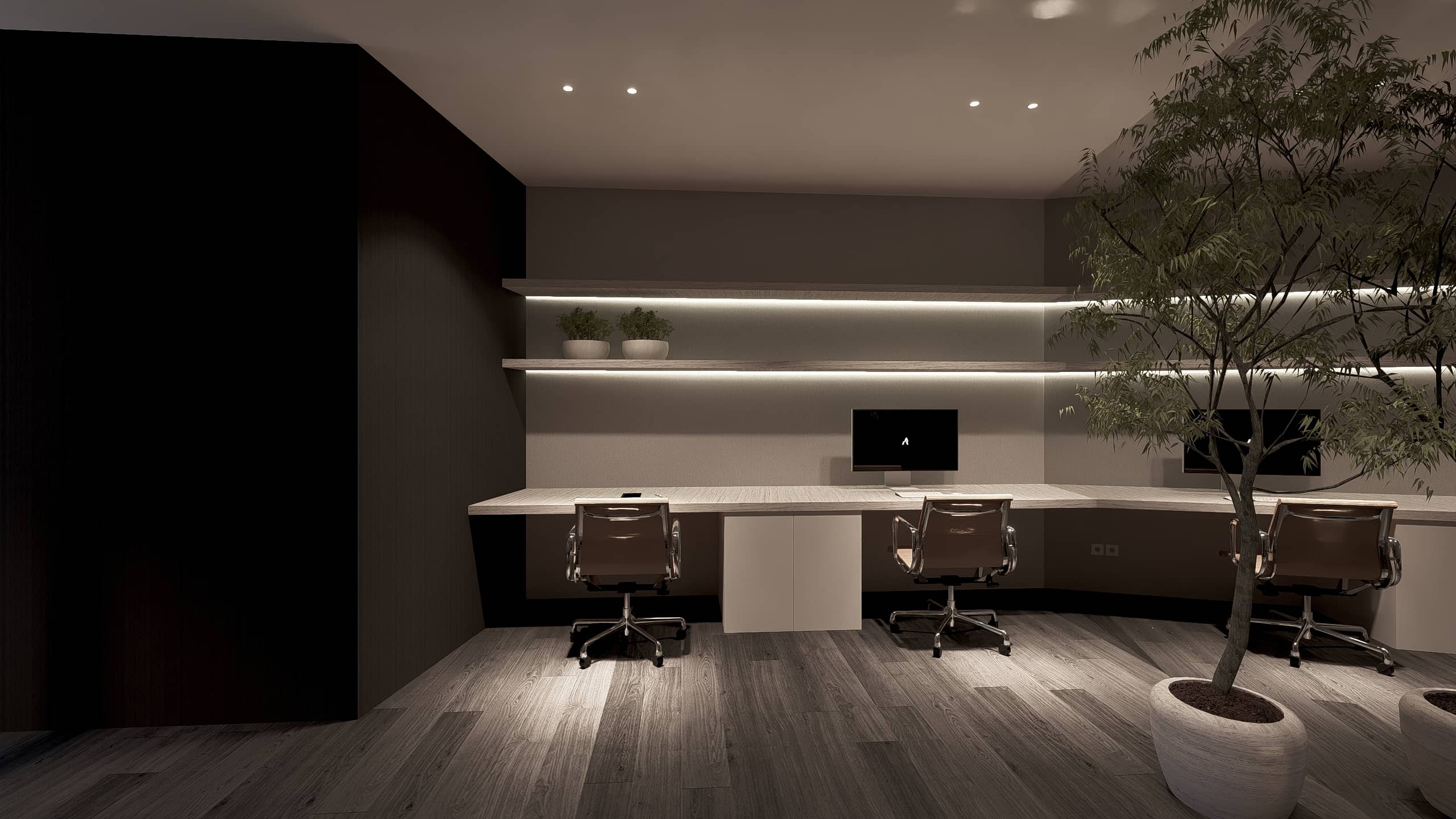 Een minimalistisch ontworpen thuiswerkplek van State of Interior met een lang doorlopend maatwerk bureau, luxe bureaustoelen, een donkere accentwand en zwevende houten boekenplanken met ledstrips.