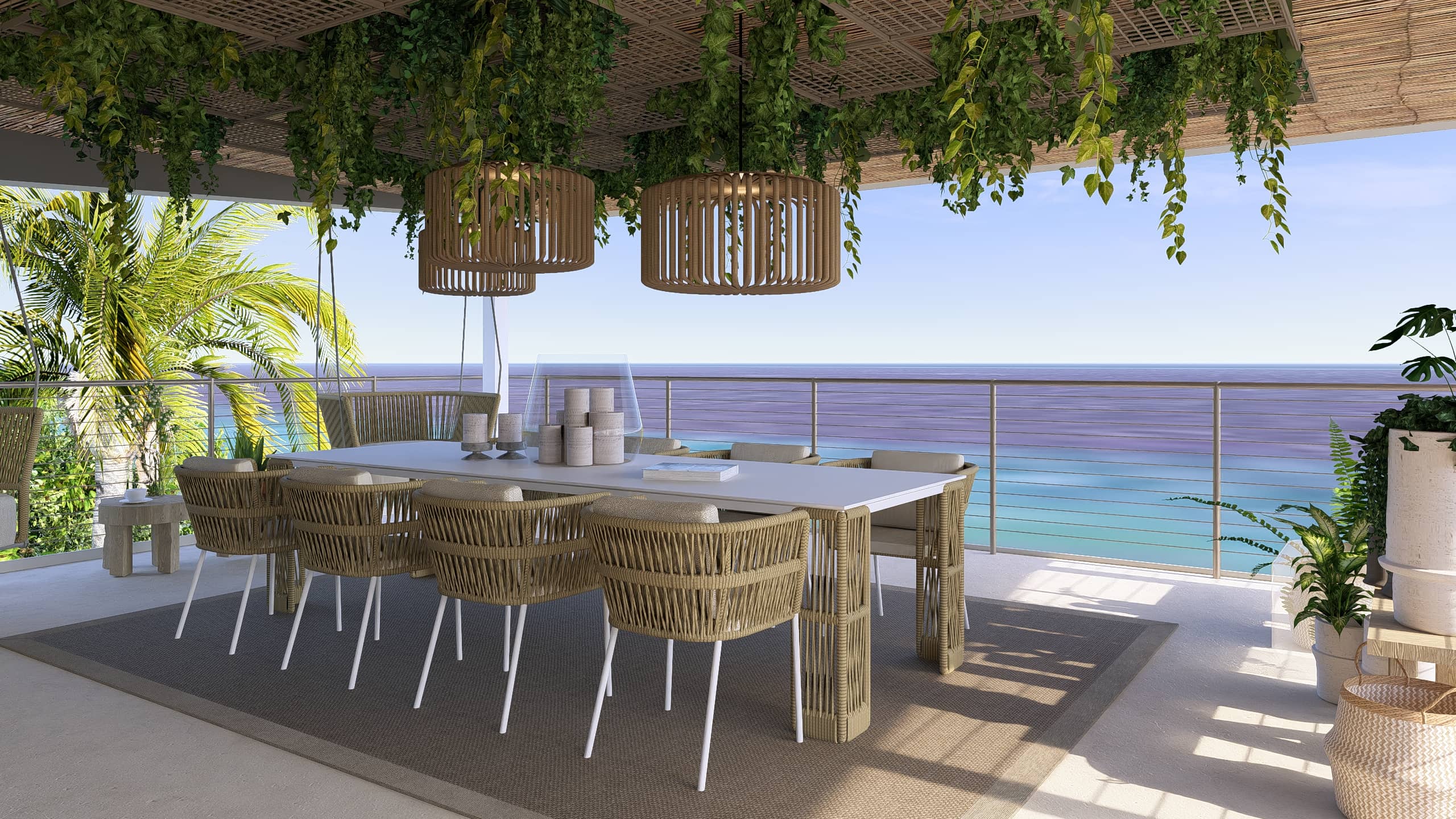 Render van overdekt terras met eettafel en zeezicht op Curaçao
