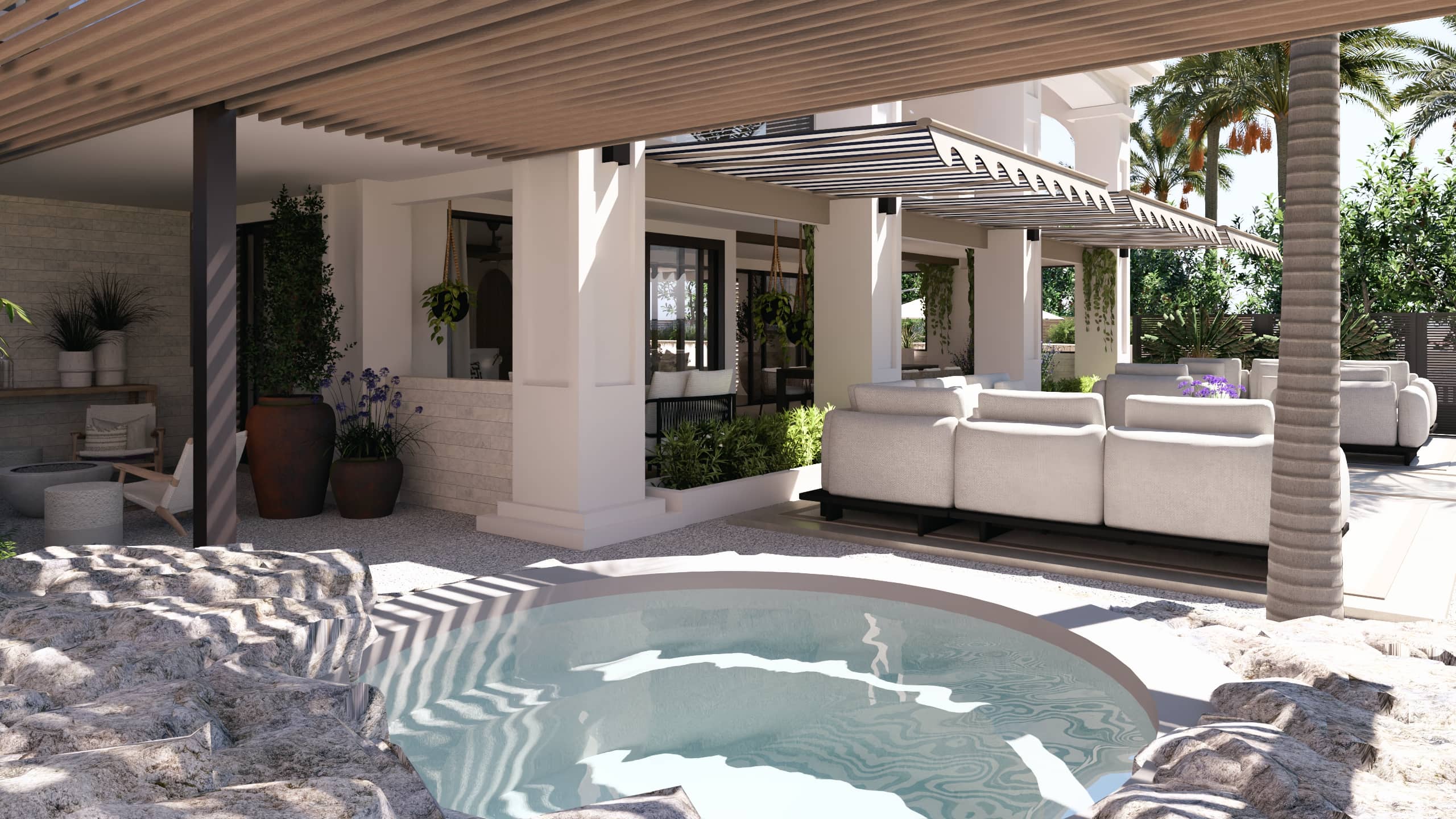 Render van een overdekt terras met zwembad bij een villa op Curaçao